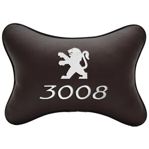 Автомобильная подушка на подголовник экокожа Coffee c логотипом автомобиля PEUGEOT 3008
