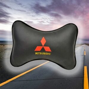 Автомобильная подушка под шею на подголовник из экокожи и вышивкой для Mitsubishi (митсубиси)