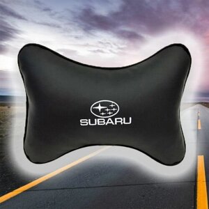 Автомобильная подушка под шею на подголовник из экокожи и вышивкой (субару) Subaru"
