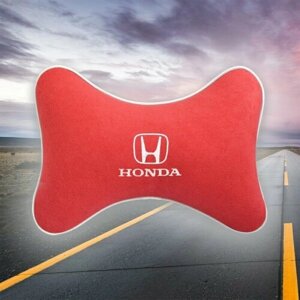 Автомобильная подушка под шею на подголовник из красного велюра и вышивкой для Honda (хонда)