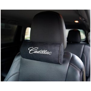 Автомобильная подушка-валик на подголовник алькантара Black c вышивкой CADILLAC