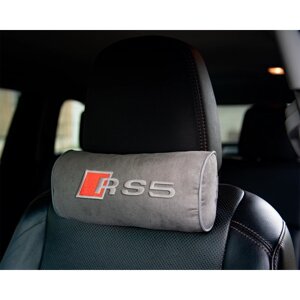 Автомобильная подушка-валик на подголовник алькантара L. Grey c вышивкой AUDI RS5
