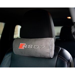 Автомобильная подушка-валик на подголовник алькантара L. Grey c вышивкой AUDI RSQ7