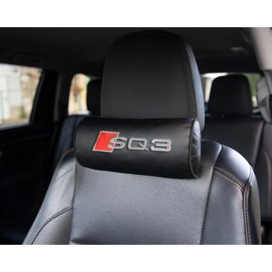Автомобильная подушка-валик на подголовник экокожа Black c вышивкой AUDI SQ3