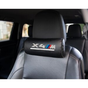 Автомобильная подушка-валик на подголовник экокожа Black c вышивкой BMW X4M COMPETITION