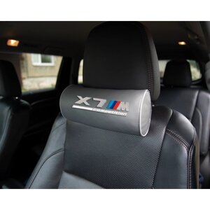 Автомобильная подушка-валик на подголовник экокожа L. Grey c вышивкой BMW X7M COMPETITION