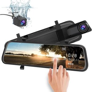 Автомобильный видеорегистратор Full HD 1080P / Видеорегистратор зеркало с сенсорным 10-дюймовым экраном / Датчик удара G-sensor / Камера для парковки