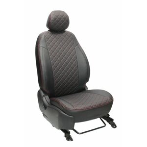 Чехлы для автомобильных сидений комплект GreenLine CITROEN C4 (2004-2011) 5дв. хэтчбек, Задняя спинка и сиденье 40/60, авточехлы модельные экокожа, черный ромб красная нить