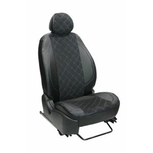 Чехлы для автомобильных сидений комплект Premium на GEELY EMGRAND II (2021-2024) седан, черная алькантара ромб синяя нить