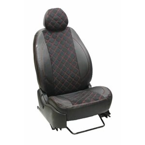Чехлы для автомобильных сидений комплект Premium на HYUNDAI SANTA FE 3 (2012-н. в.) джип, авточехлы модельные экокожа, черная вставка алькантара ромб красная нить