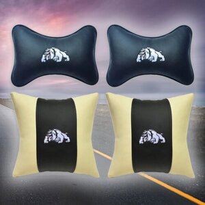 Комплект автомобильных подушек из экокожи и вышивкой Бульдог (2 подушки на подголовник и 2 автомобильные подушки)