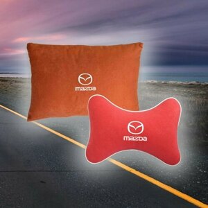 Комплект автомобильных подушек из красного велюра и вышивкой для Mazda (мазда) (подушка на подголовник и автомобильная подушка)