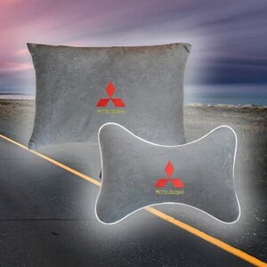 Комплект автомобильных подушек из серого велюра и вышивкой (митсубиси) Mitsubishi"подушка на подголовник и автомобильная подушка)