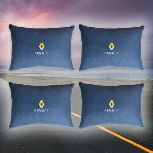 Комплект автомобильных подушек из синего велюра и вышивкой для Renault (рено) (4 автомобильные подушки)