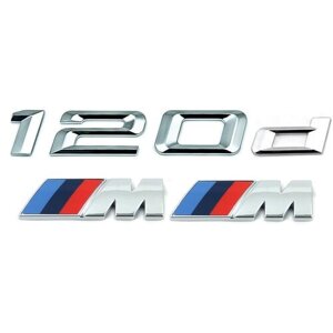 Комплект: шильдик на багажник BMW 120 d + 2 эмблемы на крыло M-performance хром