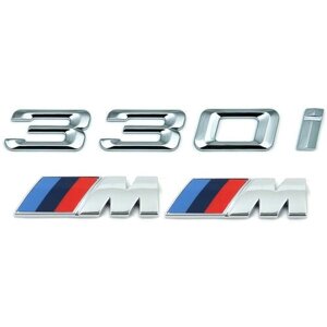 Комплект: шильдик на багажник BMW 330i + 2 эмблемы на крыло M-performance хром