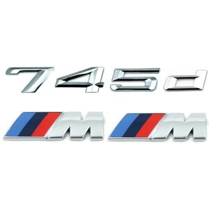 Комплект: шильдик на багажник BMW 745d + 2 эмблемы на крыло M-performance хром