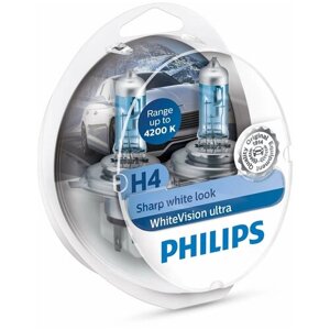 Лампа автомобильная галогенная Philips WhiteVision Ultra 12342WVUSM H4 P43t 4200K 2 шт.