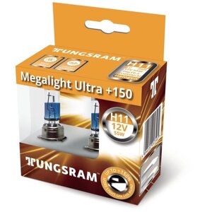Лампы tungsram "megalight ultra +150", H11,150%12V, 55W, PGJ19-2, 3200K, комплект 2 шт.