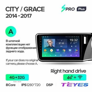 Магнитола Honda City Grace 1 (RHD) 2014-2017 (Комплектация A) Teyes SPRO+ 4/32GB, штатная магнитола, 8-ми ядерный процессор, IPS экран, DSP, 4G, Wi-Fi, 2 DIN