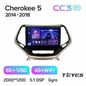 Магнитола Jeep Cherokee 5 KL 2014-2018 Teyes CC3 2K 6/128GB, штатная магнитола, 8-ми ядерный процессор, QLED экран, 2 DSP, 4G, Wi-Fi, 2 DIN