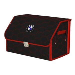 Органайзер-саквояж в багажник "Союз Премиум"размер L). Цвет: черный с красной прострочкой Соты и вышивкой BMW (БМВ).