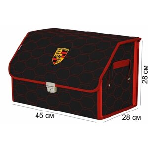Органайзер-саквояж в багажник "Союз Премиум"размер L). Цвет: черный с красной прострочкой Соты и вышивкой Porsche (Порше).