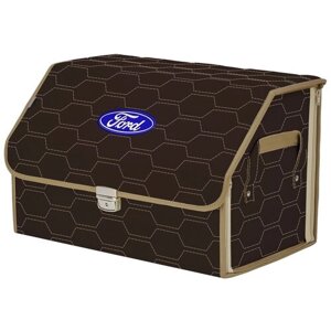 Органайзер-саквояж в багажник "Союз Премиум"размер L). Цвет: коричневый с бежевой прострочкой Соты и вышивкой Ford (Форд).