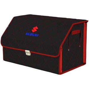 Органайзер-саквояж в багажник "Союз Премиум"размер XL). Цвет: черный с красной прострочкой Ромб и вышивкой Suzuki (Сузуки).