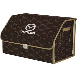 Органайзер-саквояж в багажник "Союз Премиум"размер XL). Цвет: коричневый с бежевой прострочкой Соты и вышивкой Mazda (Мазда).