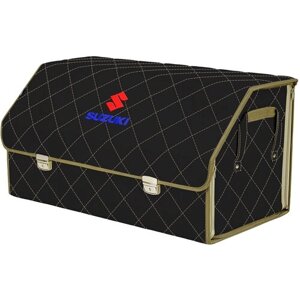 Органайзер-саквояж в багажник "Союз Премиум"размер XL Plus). Цвет: черный с бежевой прострочкой Ромб и вышивкой Suzuki (Сузуки).