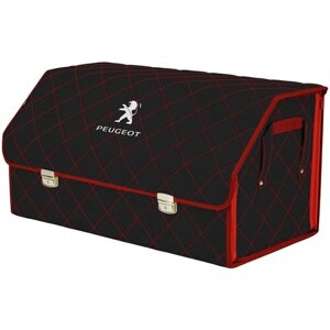 Органайзер-саквояж в багажник "Союз Премиум"размер XL Plus). Цвет: черный с красной прострочкой Ромб и вышивкой Peugeot (Пежо).