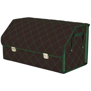 Органайзер-саквояж в багажник "Союз Премиум"размер XL Plus). Цвет: коричневый с зеленой прострочкой Ромб.