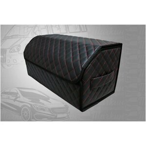 Органайзер в багажник автомобиля 60х30х30 рисунок квадрат черный/строчка красная/черная окантовка/саквояж/бокс/кофр для авто