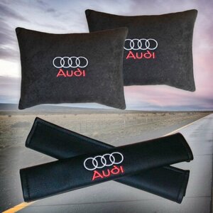Подарочный набор автомобилиста из черного велюра для Audi (Ауди) (две автомобильные подушки и накладки на ремень безопасности)