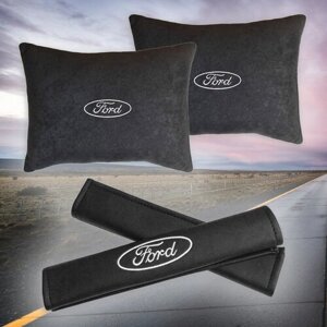 Подарочный набор автомобилиста из черного велюра для Ford (форд) (две автомобильные подушки и накладки на ремень безопасности)