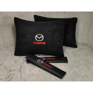 Подарочный набор: декоративная подушка в салон автомобиля из велюра и накладки на ремень безопасности с логотипом MAZDA, комплект 3 предмета