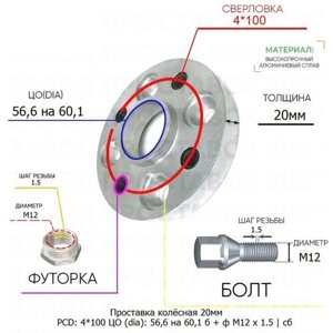 Проставка колёсная 1 шт 20мм 4*100 ЦО 56,6 на 60,1 Крепёж в комплекте Болт + Футорка М12*1,5 ступичная с бортиком для дисков 1 шт на ступицу 4x100 4х100