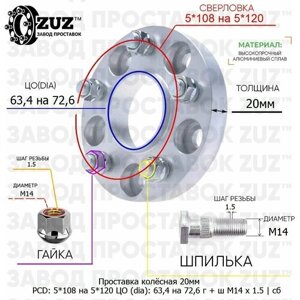 Проставка колёсная 1 шт 20мм 5*108 на 5*120 ЦО 63,4 на 72,6 Крепёж в комплекте Гайка + Шпилька М14*1,5 ступичная с бортиком переходная адаптер для дисков 1 шт