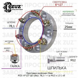 Проставка колёсная 1 шт 25мм 6*127 ЦО 78,1 Крепёж в комплекте Гайка + Шпилька М12*1,5 ступичная с бортиком для дисков 1 шт на ступицу 6x127 6х127