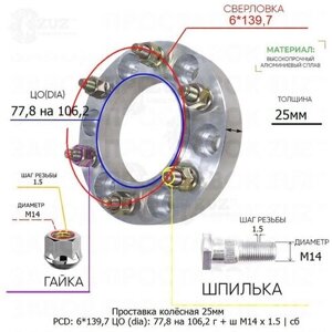 Проставка колёсная 1 шт 25мм 6*139,7 ЦО 77,8 на 106,2 Крепёж в комплекте Гайка + Шпилька М14*1,5 ступичная с бортиком для дисков 1 шт на ступицу 6x139,7