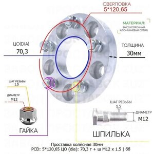 Проставка колёсная 1 шт 30мм 5*120,65 ЦО 70,3 Крепёж в комплекте Гайка + Шпилька М12*1,5 ступичная без бортика для дисков 1 шт на ступицу 5x120,65