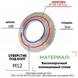 Проставка колёсная 1 шт 5мм PCD: 6*139.7 ЦО (DIA)108 отверстие под крепёж M12 на ступицу: Infiniti Nissan 6x139.7