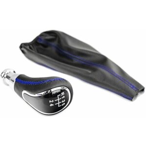 Ручка КПП в стиле Vesta с пыльником, экокожа, синяя прострочка, вставка хром Sal-Man на ВАЗ 2108-21099