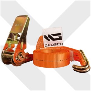 Стяжной ремень с крюками GROSCO 0,8т (1,6т) / 3м / 25мм для крепления груза с храповым механизмом