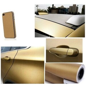 Защитная виниловая плёнка SunGrass карбон 150х90 см 3D / Декор для мебели / Виниловая автомобильная золотая карбоновая самоклеющаяся пленка