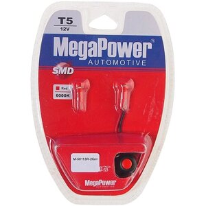 Автолампа T5 (W2*4.6d) 1 SMD 3528 RED блистер с тестером (2шт) 8лм 12V MEGAPOWER /1 /50