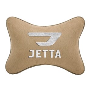 Автомобильная подушка на подголовник алькантара Beige с логотипом автомобиля JETTA