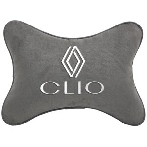 Автомобильная подушка на подголовник алькантара L. Grey с логотипом автомобиля RENAULT CLIO