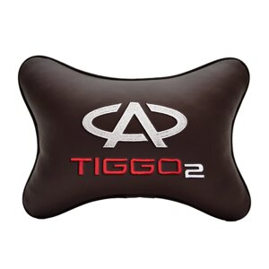 Автомобильная подушка на подголовник экокожа Coffee с логотипом автомобиля CHERY Tiggo 2